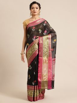 Banarasi Silk Works - Black & Magenta Kanchi Pattu Border Saree with Unstitched Blouse