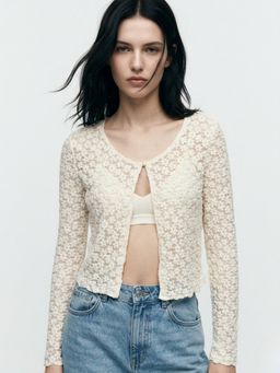 Outzidr - Cream Self Design Relaxed Top