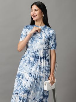 SHOWOFF - Womens High Neck Midi Blue Tie And Dye Dress