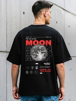 Bewakoof - Official Nasa Men's Black Fly Me To The Moon Graphic Printed Oversized T-shirt
