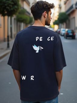 Bewakoof - Men's Blue Peace Not War Graphic Printed Oversized T-shirt