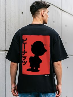 Bewakoof - Official Peanuts Men's Black Charlie Jap Graphic Printed Oversized T-shirt