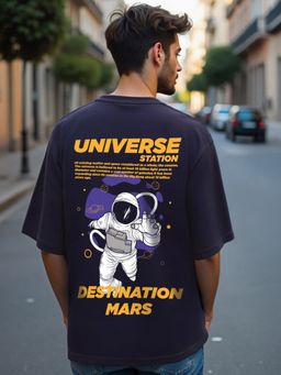 Bewakoof - Official Nasa Men's Blue Destination Mars Graphic Printed Oversized T-shirt