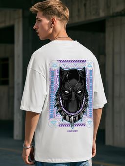 Bewakoof - Official Marvel Men's White King Black Panther Graphic Printed Oversized T-shirt