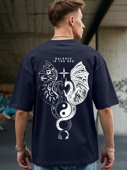 Bewakoof - Men's Blue Seek Balance Graphic Printed Oversized T-shirt