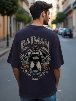Bewakoof - Official DC Men's Navy Blue The Dark Knight Graphic Printed Oversized T-shirt