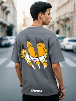 Bewakoof - Official Garfield Men's Grey Smiling Cat Graphic Printed Oversized T-shirt