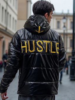 Bewakoof - Men's Black Shine Hustle Typography Oversized Jacket