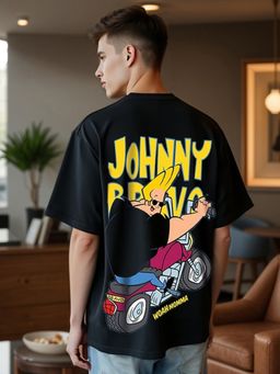 Bewakoof - Official Cartoon Network Men's Black Johnny Biker Graphic Printed Oversized T-shirt