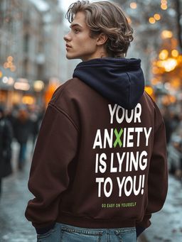 Bewakoof - Heavy Duty 1.0 Men's Brown Anxiety Typography Oversized Hoodies