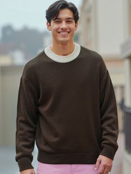 Bewakoof - Men's Brown Oversized Flat Knit Sweater