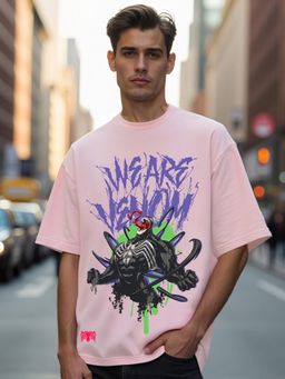 Bewakoof - Official Marvel Men's Pink We Are Venom Graphic Printed Oversized T-shirt