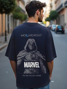 Bewakoof - Official Marvel Men's Blue Marvel Moon Knight Graphic Printed Oversized T-shirt