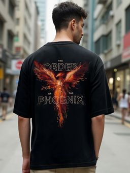 Bewakoof - Official Harry Potter Men's Black Order Of The Phoenix Graphic Printed Oversized T-shirt