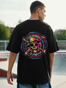 Bewakoof - Official One Piece Men's Black Straw Hat Crew Graphic Printed Oversized T-shirt