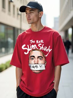 Bewakoof - Men's Red Real Slim Shady Graphic Printed Oversized T-shirt
