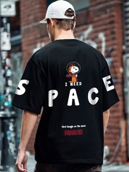Bewakoof - Official Peanuts Men's Black Need Space Snoopy Graphic Printed Oversized T-shirt