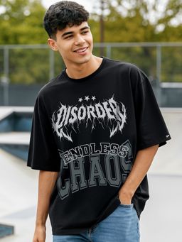 Bewakoof - Men's Black Chaos Graphic Printed Oversized T-shirt