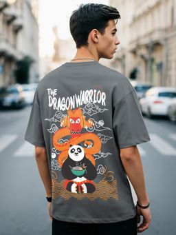 Bewakoof - Kung Fu Panda Men's Grey The Dragon Warrior Graphic Printed Oversized T-shirt