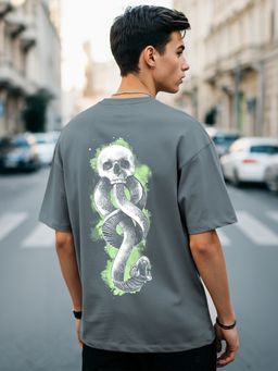 Bewakoof - Official Harry Potter Men's Grey Death Mark Graphic Printed Oversized T-shirt