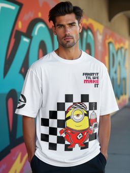 Bewakoof - Official Minions Men's White Fakinit Graphic Printed Oversized T-shirt