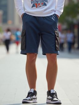 Bewakoof - Men's Navy Blue Color Block Oversized Cargo Shorts
