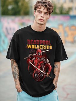 Bewakoof - Official Marvel Men's Black Deadpool Graphic Printed Oversized T-shirt
