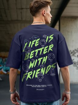 Bewakoof - Official Friends Men's Blue Life is Better with Friends Graphic Printed Oversized T-shirt
