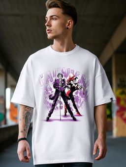 Bewakoof - Official DC Men's White Maniac Duo Graphic Printed Oversized T-shirt