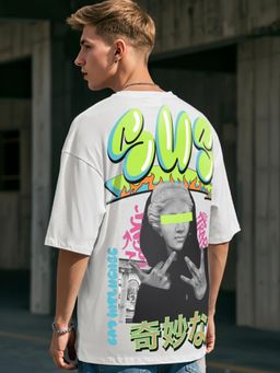 Bewakoof - Men's White Sustainable Graphic Printed Oversized T-shirt