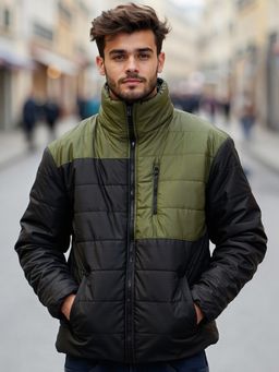 Bewakoof - Men's Black & Green Color Block Oversized Puffer Jacket