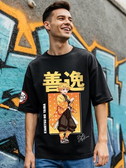 Bewakoof - Official Demon Slayer Men's Black Zenitsu Agatsuma Graphic Printed Oversized T-shirt