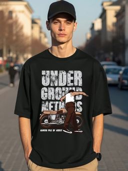 Bewakoof - Men's Black Underground Graphic Printed Oversized T-shirt