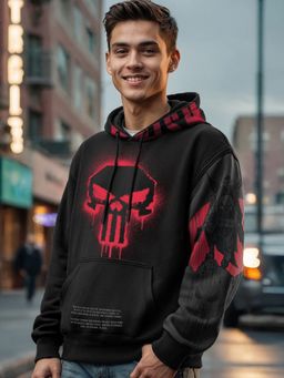 Bewakoof - Official Marvel Men's Black & Grey Graphic Printed Oversized Hoodies