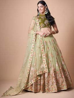Odette - Elegant Lime Green Semi Stitched Lehenga With Unstitched Blouse (Set of 3)