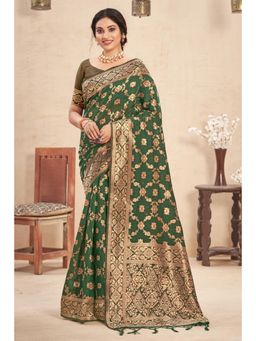 Sangam Prints - Dark Green Cotton Woven Zari Work Traditional Tassel Saree with Unstitched Blouse