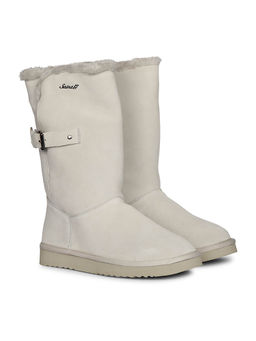 Saint G - Aurelia Buckle Decorative Ivory Suede Leather Snug Boots