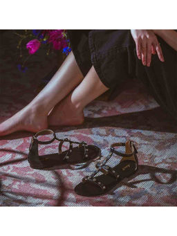 Saint G - Crystal Stone Studded Black Leather Flats