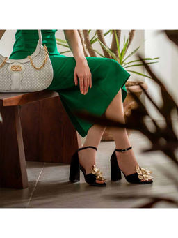 Saint G - Gold Flower Embellished Black Leather Block Heel