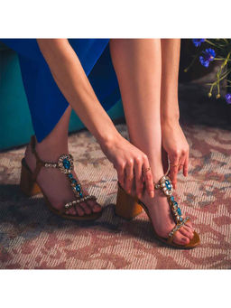 Saint G - Transparent & Blue Stone Embellished Cuoio Leather Block Heels