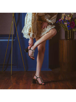 Saint G - Transparent Stone Embellished Black Suede Leather Block Heels