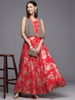 Ahalyaa - Women Red Floral Printed Shoulder Straps Top with Lehenga & Jacket