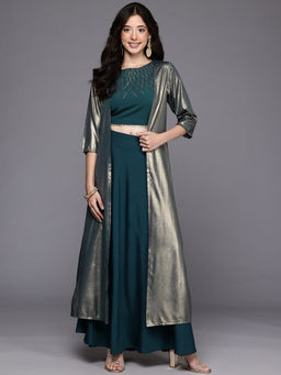 Ahalyaa - Women Green Embellished Top with Skirt & Jacket