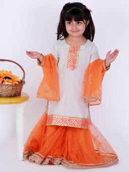Tiny Pants - White And Orange Chanderi Sharara (Set of 3)
