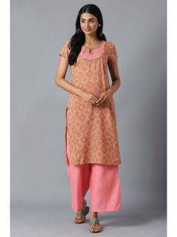 Aurelia - Brown Floral Printed Kurta In Round Neck with Pink Straight Palazzo (Set of 2)