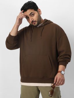 Urbano Plus - Mens Chocolate Brown Cotton Solid Oversized Hoodie