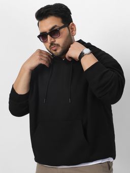 Urbano Plus - Mens Jet Black Cotton Solid Oversized Hoodie