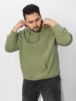 Urbano Plus - Mens Potent Olive Cotton Solid Oversized Hoodie