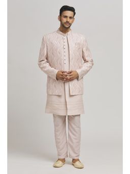 Aham-Vayam - Men'S Cotton Silk Embroidered Pink Jacket with Bandhgala Pant