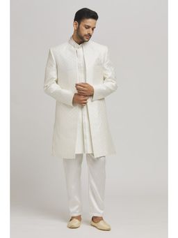 Aham-Vayam - Men'S Cotton Silk Embroidered Off White Jacket with Bandhgala Pant